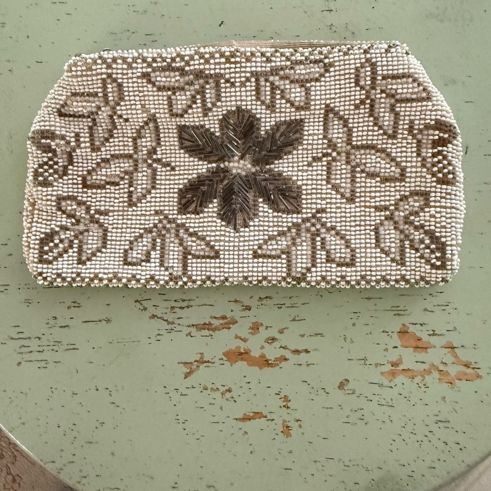 Elegant Beaded Clutch - Cream and Brown